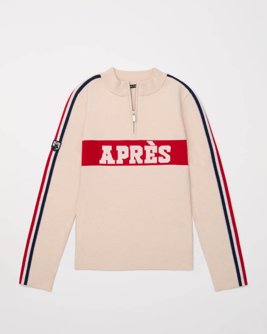 Beige half-zip merino ski sweater with red 'apres' lettering and stripes on sleeves. 