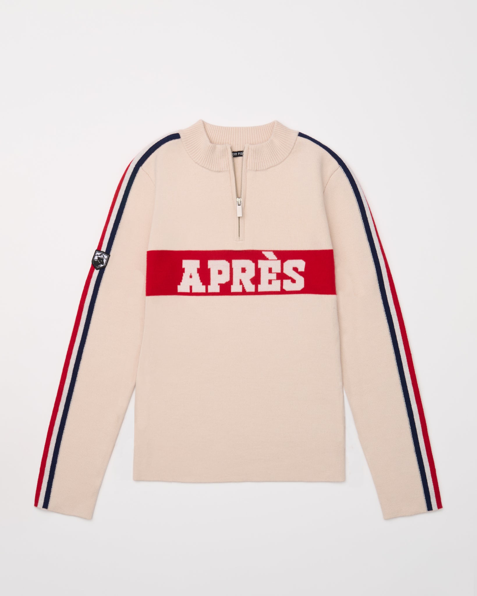 Beige half-zip merino ski sweater with red 'apres' lettering and stripes on sleeves. 