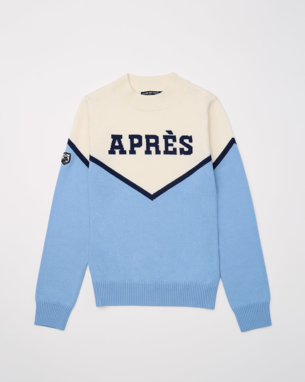 blue and white mock neck Merino Ski Sweater with 'APRES' text 
