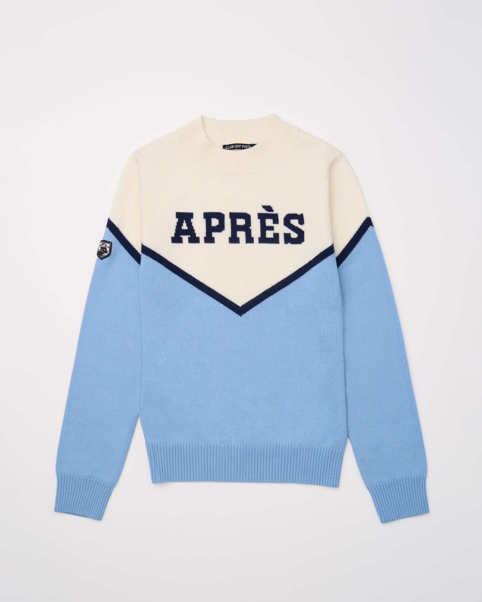 blue and white mock neck Merino Ski Sweater with 'APRES' text 