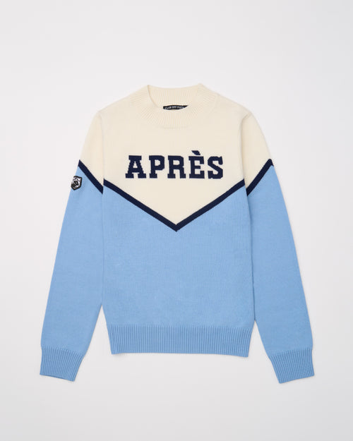 blue and white mock neck Merino Ski Sweater with 'APRES' text 