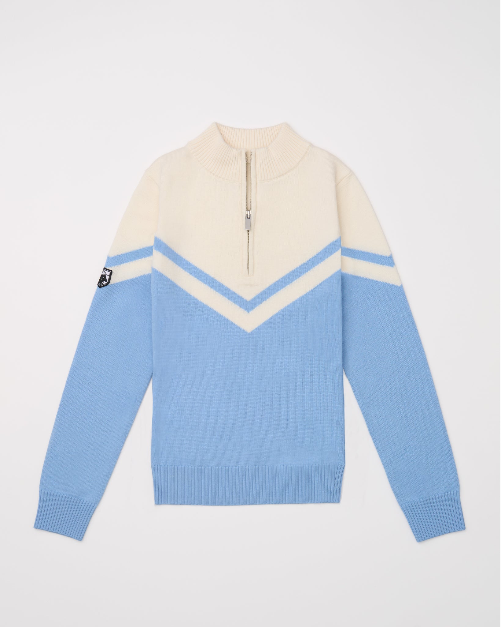 Merino ski sweater with blue and white chevron design