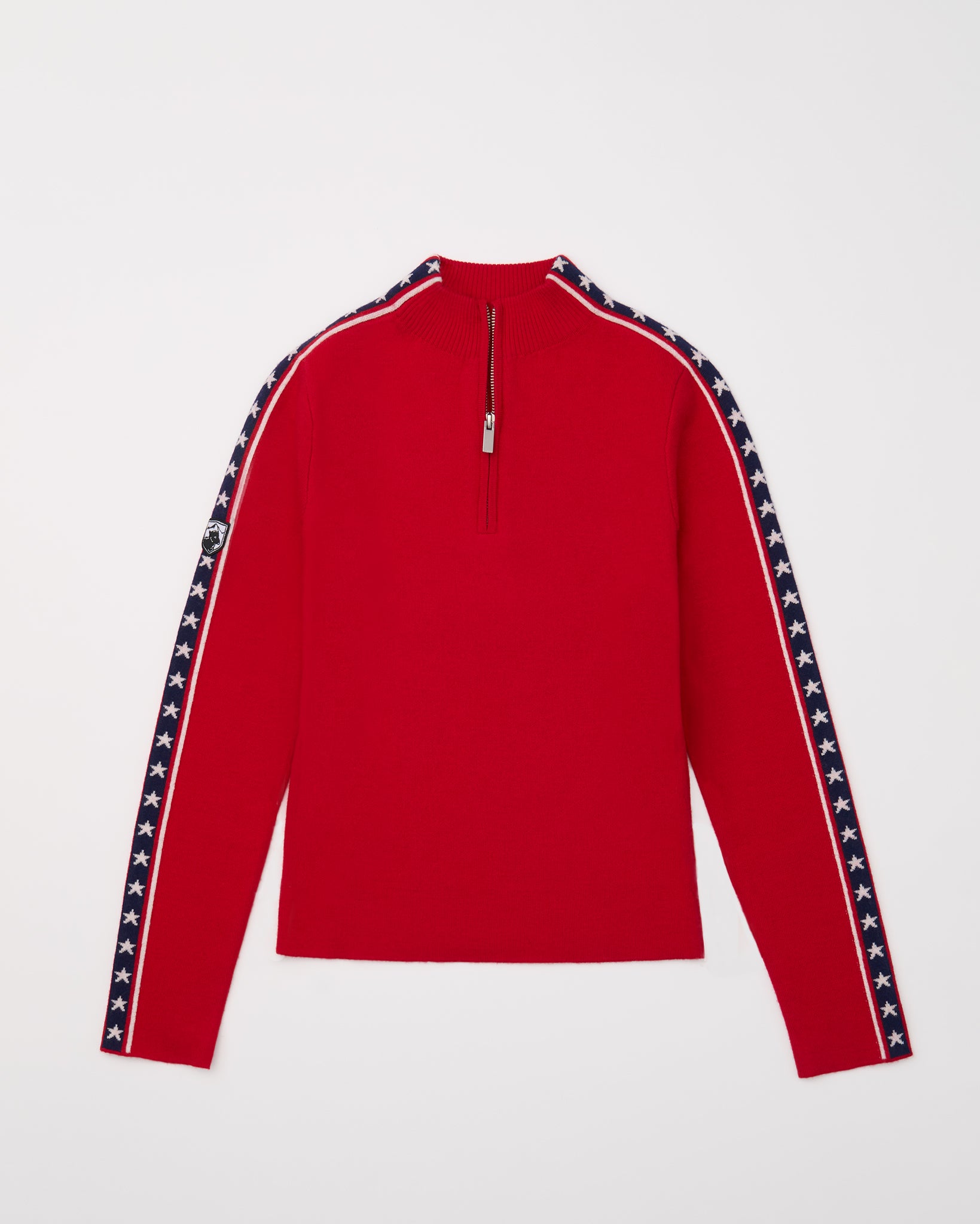 Red half-zip long-sleeve sweater with navy and white striped sleeves and stars