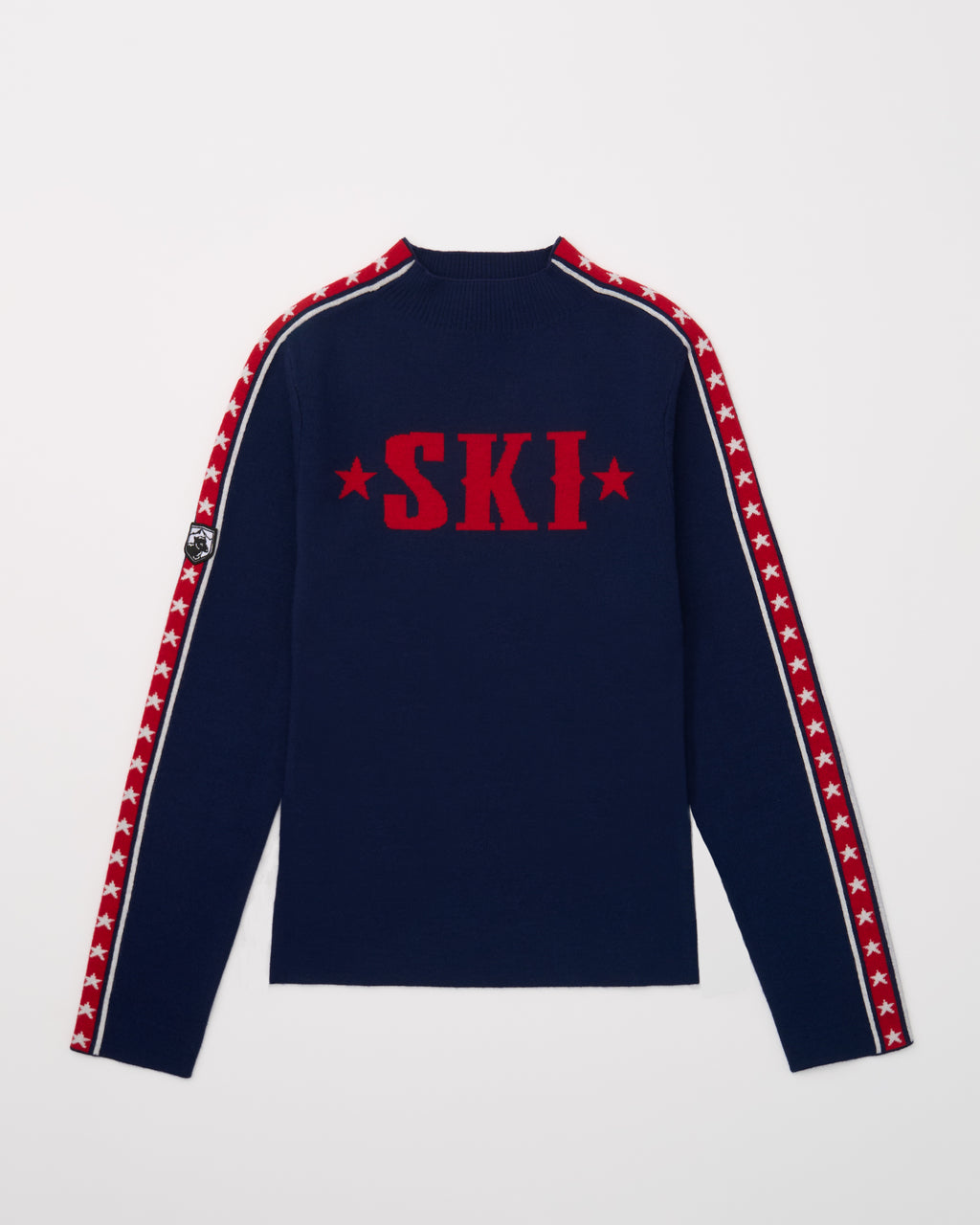 Navy blue long-sleeve sweater with red 'SKI' text and red and white striped sleeves