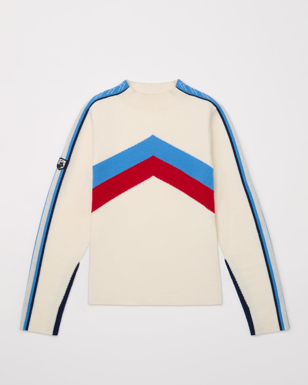 Mock-neck sweater with a chevron design and stripes on sleeves